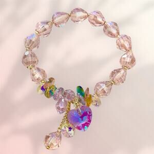 Pink Swarovski Beaded Heart Charm Bracelet